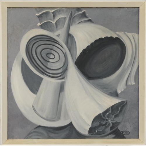 395 - Abstract compositions, shells, pair of monochrome oil on canvasses, framed, each 49cm x 49cm excludi... 