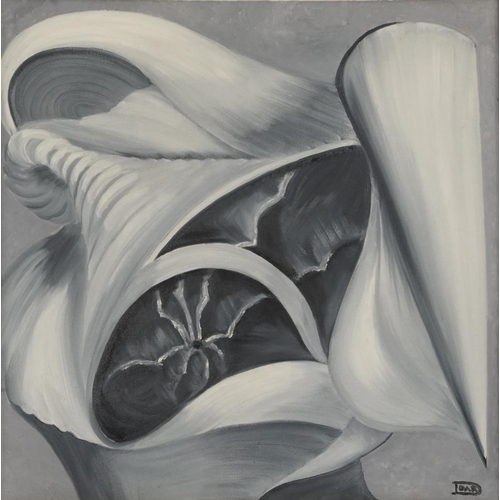 395 - Abstract compositions, shells, pair of monochrome oil on canvasses, framed, each 49cm x 49cm excludi... 