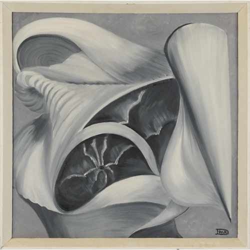 395 - Abstract compositions, shells, pair of monochrome oil on canvasses, framed, each 49cm x 49cm excludi... 