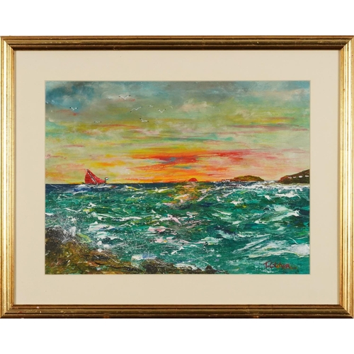 294 - Tom Cotcher - Red Sail in the Sunrise, mixed media, inscribed verso A local Brighton artist who pain... 