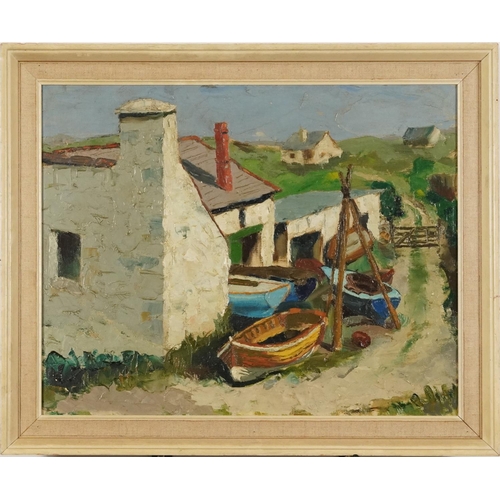 642 - Village scene with cottages and fishing boats, Welsh Impressionist oil on canvas, mounted and framed... 