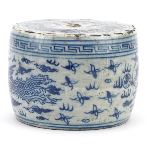 690 - Chinese blue and white porcelain barrel decorated with a dragon and phoenix amongst clouds chasing t... 