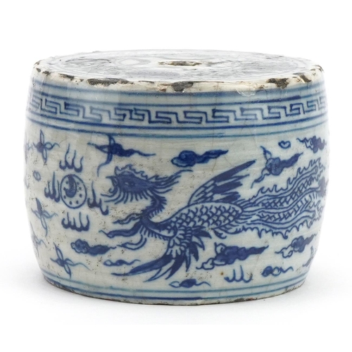 690 - Chinese blue and white porcelain barrel decorated with a dragon and phoenix amongst clouds chasing t... 