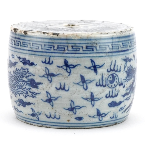 690 - Chinese blue and white porcelain barrel decorated with a dragon and phoenix amongst clouds chasing t... 