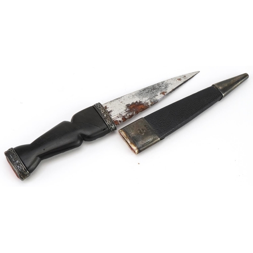 465 - Scottish silver mounted sgian dubh with hardwood knot design handle and foil backed stone end, the s... 