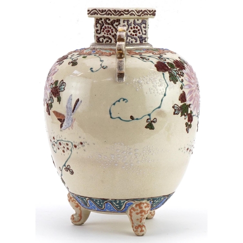 689 - Japanese Satsuma pottery koro with twin handles hand painted with a bird amongst flowers, 25.5cm hig... 