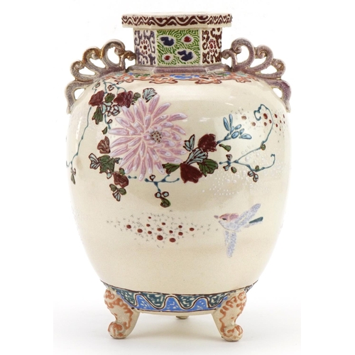 689 - Japanese Satsuma pottery koro with twin handles hand painted with a bird amongst flowers, 25.5cm hig... 