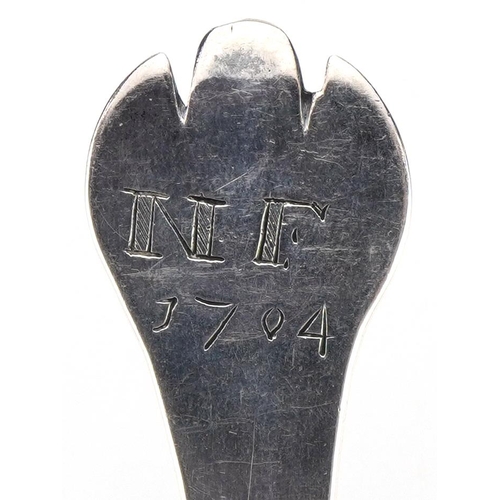 53 - Queen Anne West Country silver trefid spoon with rat's tail and scratched initials N F and dated 170... 