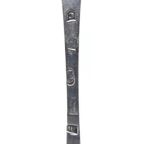 53 - Queen Anne West Country silver trefid spoon with rat's tail and scratched initials N F and dated 170... 