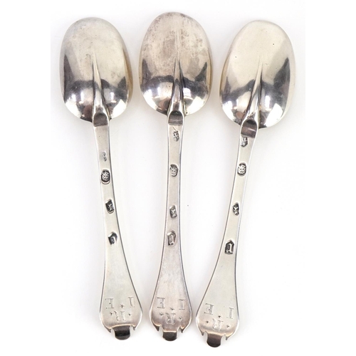 52 - Ralph Leake, set of three William & Mary trefid spoons with rat's tails, each with scratched initial... 