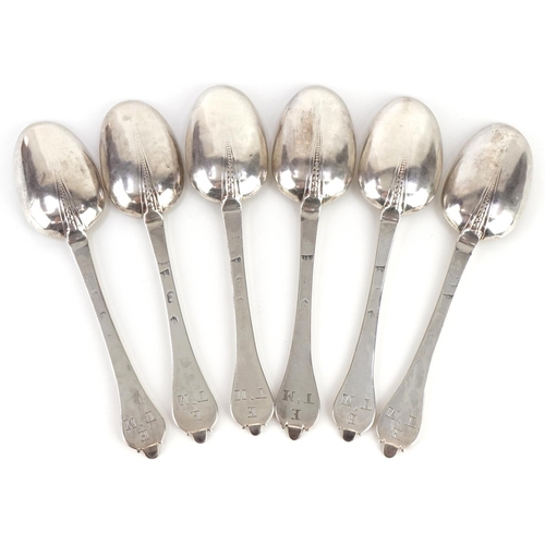 51 - Rare set of six William & Mary silver trefid spoons with rat's tails, each with scratched initials E... 
