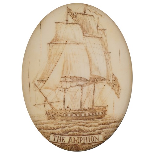 231 - Two oval scrimshaw style plaques engraved with frigates titled The Reboutable and the Amphion, frame... 