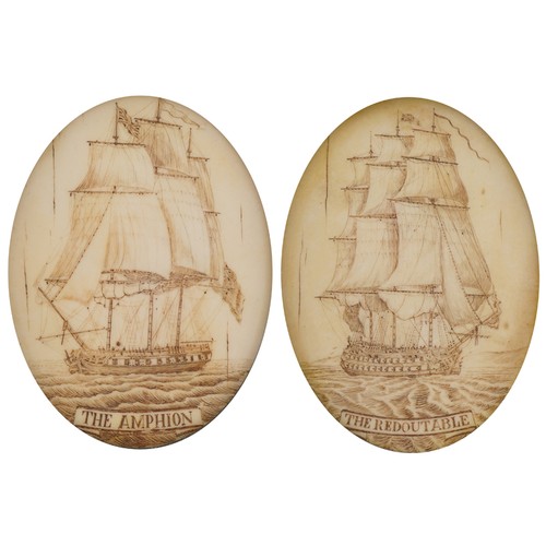 231 - Two oval scrimshaw style plaques engraved with frigates titled The Reboutable and the Amphion, frame... 