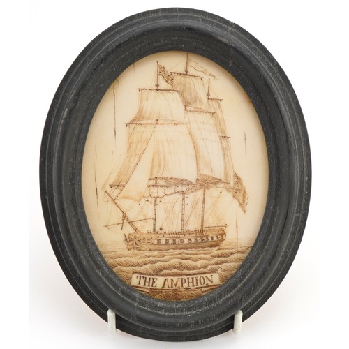 231 - Two oval scrimshaw style plaques engraved with frigates titled The Reboutable and the Amphion, frame... 