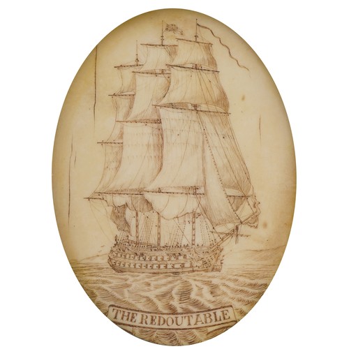 231 - Two oval scrimshaw style plaques engraved with frigates titled The Reboutable and the Amphion, frame... 