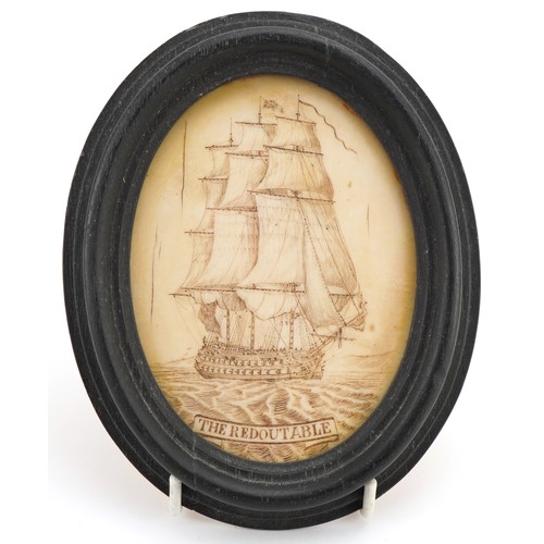 231 - Two oval scrimshaw style plaques engraved with frigates titled The Reboutable and the Amphion, frame... 