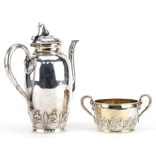 366 - Danish Art Nouveau silver plated coffee pot and sugar bowl, each decorated in low relief with stylis... 