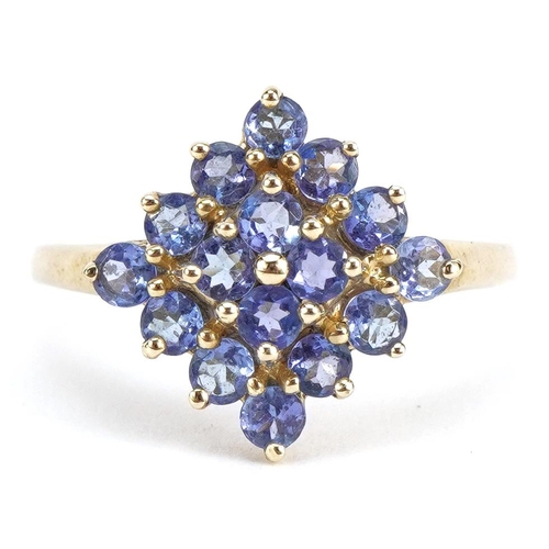 2273 - 9ct gold tanzanite two tier cluster ring, size Q, 2.3g