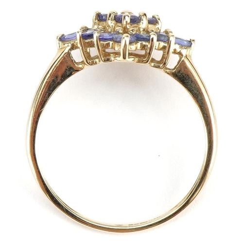 2273 - 9ct gold tanzanite two tier cluster ring, size Q, 2.3g