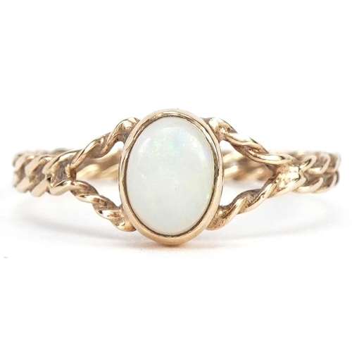 2283 - 9ct gold cabochon opal solitaire ring with rope twist band, size P, 1.3g