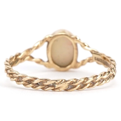 2283 - 9ct gold cabochon opal solitaire ring with rope twist band, size P, 1.3g