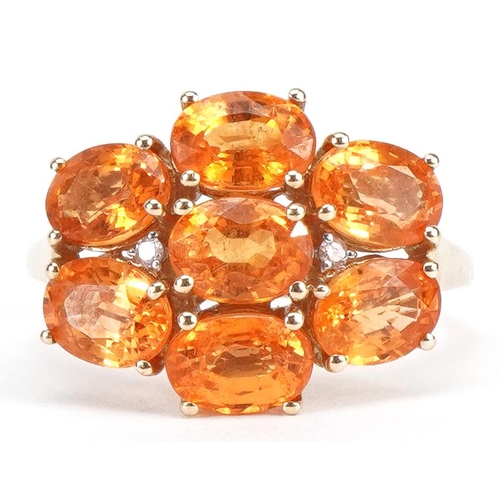 2264 - 9ct gold citrine and diamond cluster ring, each citrine approximately 6.9mm x 4.9mm, size T, 4.3g