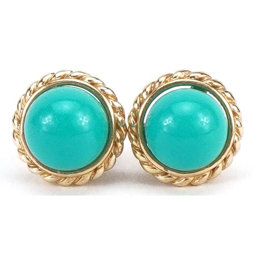 2271 - Pair of unmarked gold cabochon turquoise stud earrings, 8mm in diameter, 1.5g