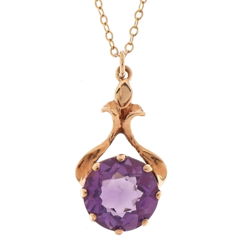 2277 - 9ct gold amethyst solitaire pendant on 9ct gold Belcher link necklace, the amethyst approximately 10... 