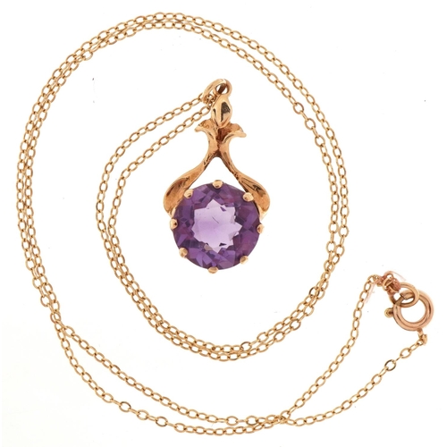 2277 - 9ct gold amethyst solitaire pendant on 9ct gold Belcher link necklace, the amethyst approximately 10... 