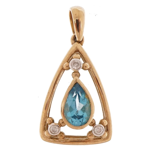 2262 - 9ct gold blue topaz and diamond teardrop pendant, 2.7cm high, 2.7g