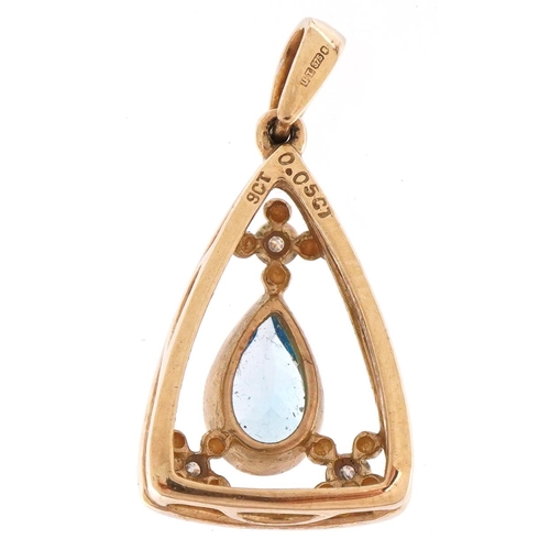 2262 - 9ct gold blue topaz and diamond teardrop pendant, 2.7cm high, 2.7g