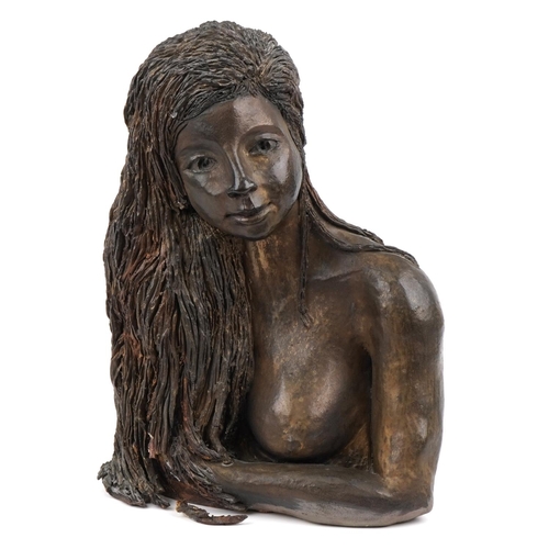 432 - Brenda Hamblin, Chloe, bronzed pottery bust of a nude female with What If Gallery paperwork, 42cm hi... 