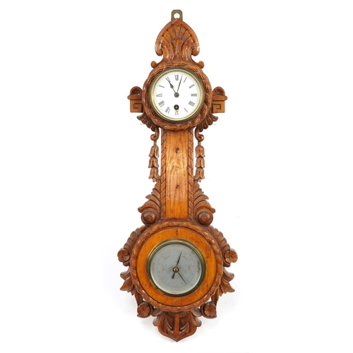 2695 - Naval interest carved oak wall barometer with clock having enamelled dial and Roman numerals, carved... 