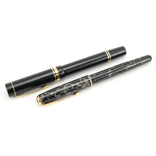 245 - Two Parker pens comprising a marbleised Sonnet and a black fountain pen with 18ct gold nib, possibly... 