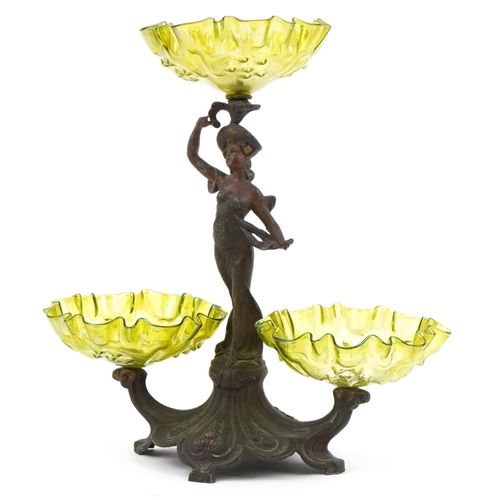 62 - Manner of WMF, Art Nouveau partially gilt patinated spelter figural centrepiece with three iridescen... 