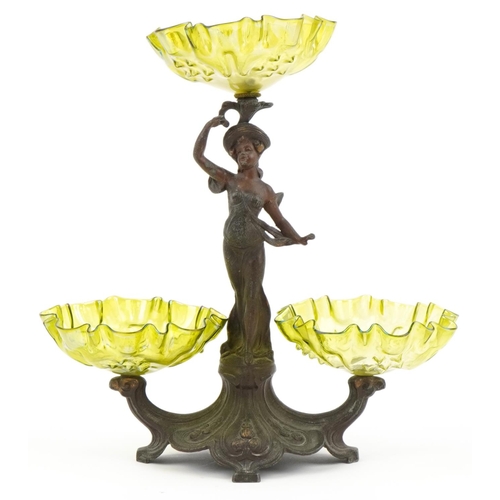 62 - Manner of WMF, Art Nouveau partially gilt patinated spelter figural centrepiece with three iridescen... 