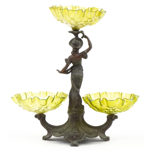 62 - Manner of WMF, Art Nouveau partially gilt patinated spelter figural centrepiece with three iridescen... 