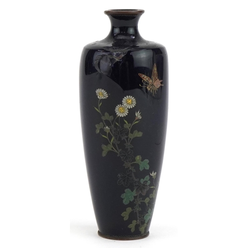 157 - Japanese cloisonne vase enamelled with a butterfly amongst flowers, impressed marks and engraved cha... 