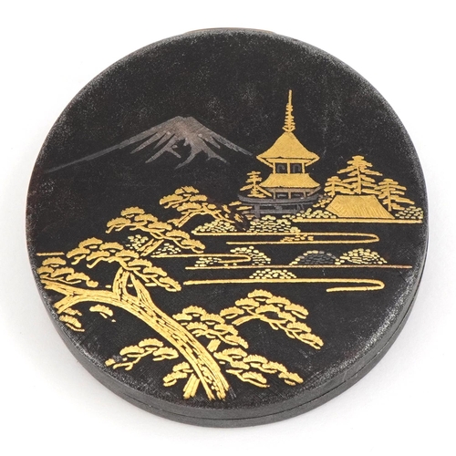 207 - Japanese Komai type damascene compact with mirrored back decorated with mount Fuji, 5cm in diameter