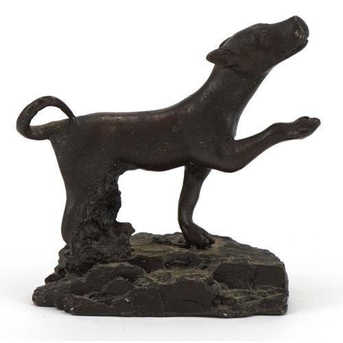 160 - Antique patinated bronze dog on later base, possibly Roman, 5.5cm in length