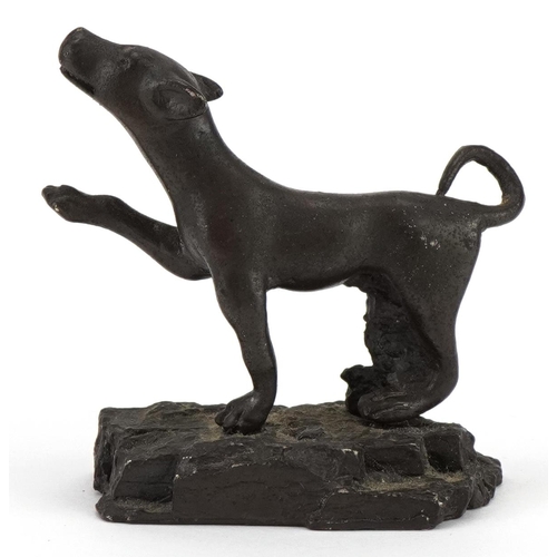 160 - Antique patinated bronze dog on later base, possibly Roman, 5.5cm in length