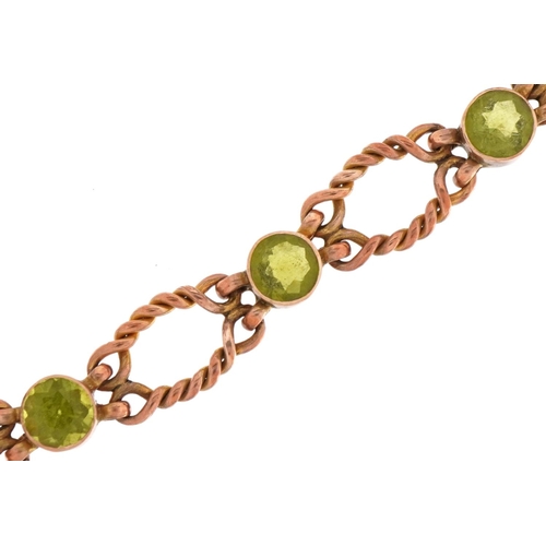 2021 - 9ct gold green stone rope twist bracelet with safety chain, possibly green amethyst, 13.6g