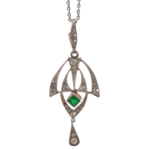 2284 - Art Deco silver green and clear paste drop pendant on silver Belcher link necklace, 4.8cm high and 4... 