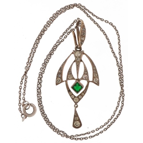 2284 - Art Deco silver green and clear paste drop pendant on silver Belcher link necklace, 4.8cm high and 4... 