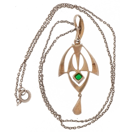 2284 - Art Deco silver green and clear paste drop pendant on silver Belcher link necklace, 4.8cm high and 4... 