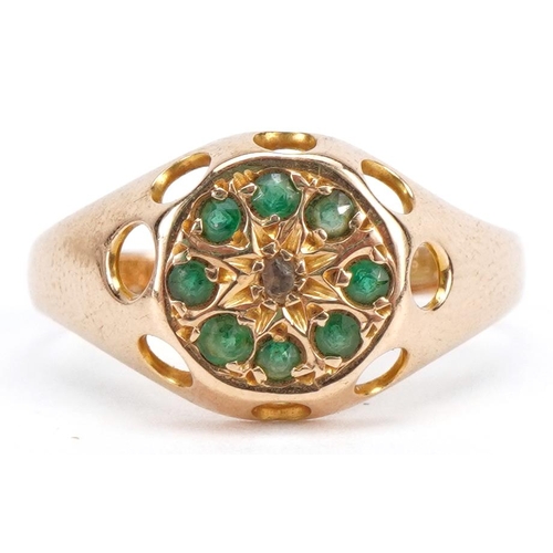 2260 - Edwardian 18ct gold emerald and diamond cluster ring with pierced setting, Birmingham 1909, size L, ... 