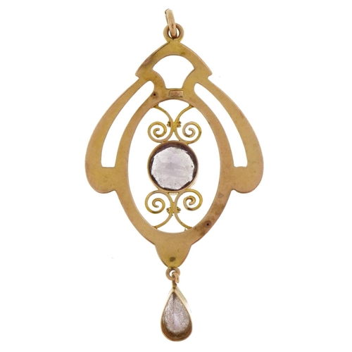 2031 - Edwardian 9ct gold amethyst openwork drop pendant, the largest amethyst approximately 7.5mm in diame... 