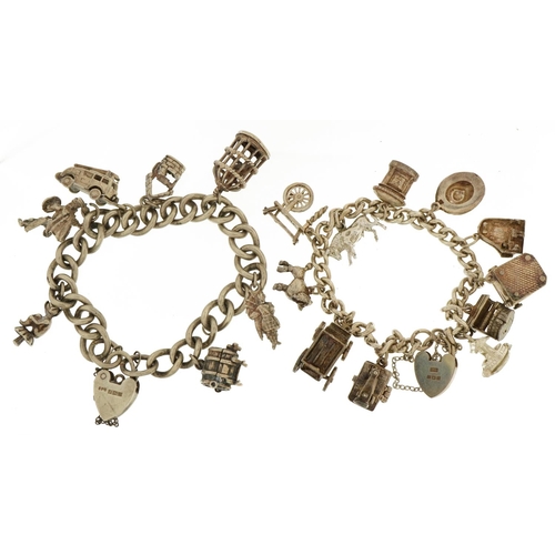 2266 - Two silver charm bracelets with love heart padlocks and a selection of mostly silver charms includin... 