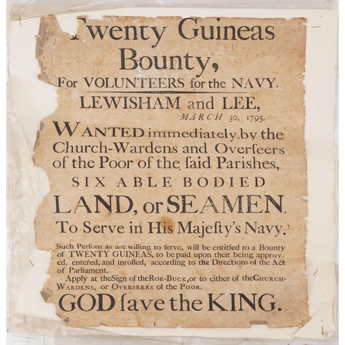 1766 - 18th century naval interest Twenty Guineas Bounty for Volunteers for the Navy Lewisham & Lee dated M... 