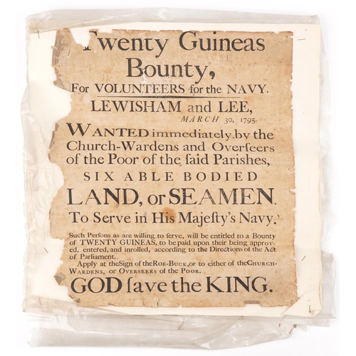 1766 - 18th century naval interest Twenty Guineas Bounty for Volunteers for the Navy Lewisham & Lee dated M... 